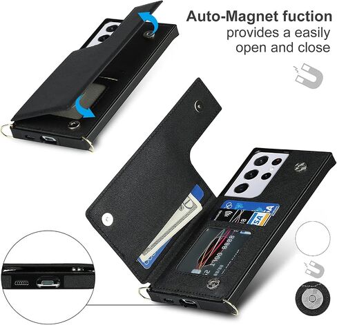 حافظة محفظة UEEBAI Crossbody لهاتف Samsung Galaxy S22 Ultra 5G، مسند مع حزام رقبة قابل للتعديل وقابل للإزالة وغطاء حامل للبطاقات وغطاء مقاوم للصدمات وغطاء بمشبك مغناطيسي وغطاء قلاب - أسود in Kuwait