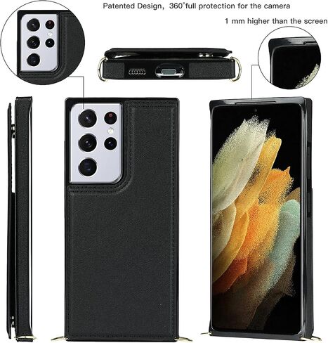 حافظة محفظة UEEBAI Crossbody لهاتف Samsung Galaxy S22 Ultra 5G، مسند مع حزام رقبة قابل للتعديل وقابل للإزالة وغطاء حامل للبطاقات وغطاء مقاوم للصدمات وغطاء بمشبك مغناطيسي وغطاء قلاب - أسود in Kuwait