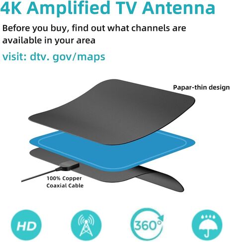 2024 Upgraded TV Antenna for Smart TV, 490+ Miles Range TV Antenna Indoor with Signal Amplifier, Digital Antenna Ultra-Long Cover Reception Support 4K 1080p All TV's-18ft Coaxial Cable, Black in Saudi Arabia