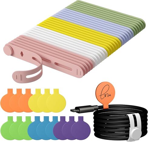 32Pcs Nearockle Cable Labels and Silicone Cable Ties Value Cable Management Set, 20 Cable Ties+12 Cord Labels for Electronics, Travel Home Office Desk Wire Organization(Black&White) in Saudi Arabia