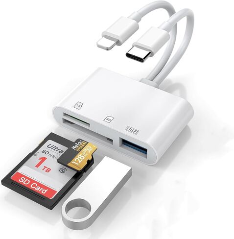 [معتمد من Apple MFi] قارئ بطاقات SD ومحول USB OTG لأجهزة iPhone/iPad، موصل Lightning مزدوج وموصل USB C إلى محول SD/TF مع فتحات بطاقة Micro SD وSD، يدعم SD/Micro SD/SDHC/SDXC/MMC in Kuwait