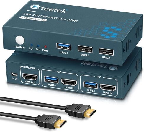 HDMI KVM Switch USB 3.0، 2 في 1 مخرج 4K@60 هرتز Kvm Switch، لجهازي كمبيوتر مشاركة شاشة واحدة 1 مجموعة لوحة مفاتيح وماوس USB 3.0 Kvm Switch، زر التبديل، مع 2 USB و2 كابلات HDMI in Kuwait