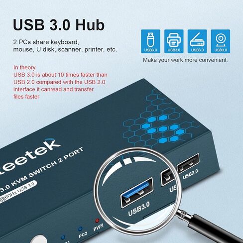 HDMI KVM Switch USB 3.0، 2 في 1 مخرج 4K@60 هرتز Kvm Switch، لجهازي كمبيوتر مشاركة شاشة واحدة 1 مجموعة لوحة مفاتيح وماوس USB 3.0 Kvm Switch، زر التبديل، مع 2 USB و2 كابلات HDMI in Kuwait