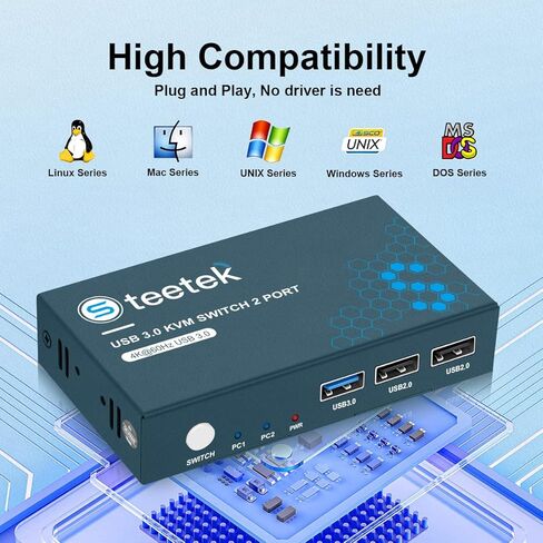 HDMI KVM Switch USB 3.0، 2 في 1 مخرج 4K@60 هرتز Kvm Switch، لجهازي كمبيوتر مشاركة شاشة واحدة 1 مجموعة لوحة مفاتيح وماوس USB 3.0 Kvm Switch، زر التبديل، مع 2 USB و2 كابلات HDMI in Kuwait