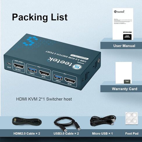 HDMI KVM Switch USB 3.0، 2 في 1 مخرج 4K@60 هرتز Kvm Switch، لجهازي كمبيوتر مشاركة شاشة واحدة 1 مجموعة لوحة مفاتيح وماوس USB 3.0 Kvm Switch، زر التبديل، مع 2 USB و2 كابلات HDMI in Kuwait