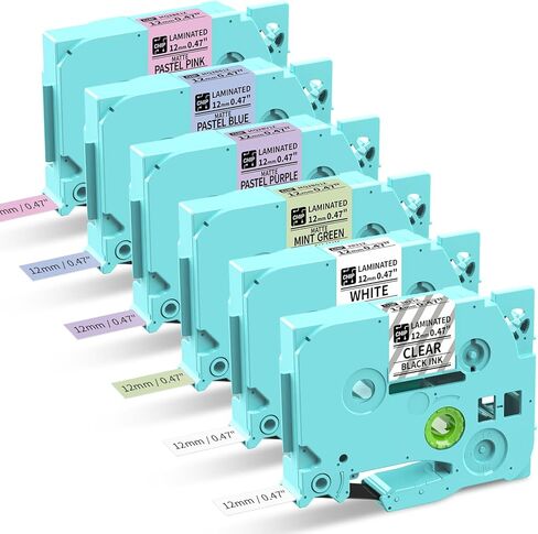 6 عبوات D210S H1100 E1000 D480BT P3200 شريط صانع الملصقات 12 مم 0.47 بوصة شريط مصفح متعدد الألوان أسود على أبيض/أرجواني فاتح/أزرق فاتح/وردي فاتح/أخضر نعناعي/شفاف لـ PT-D210 H110 D220 in Kuwait