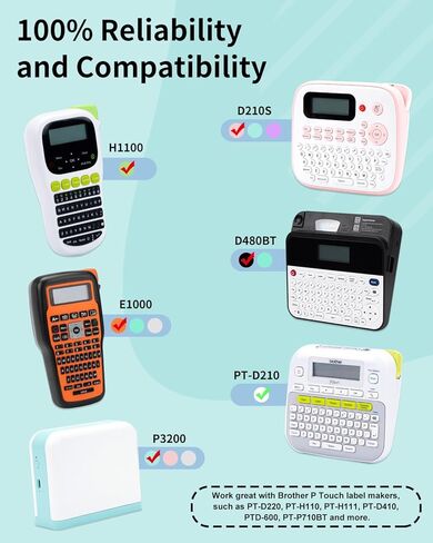 6 عبوات D210S H1100 E1000 D480BT P3200 شريط صانع الملصقات 12 مم 0.47 بوصة شريط مصفح متعدد الألوان أسود على أبيض/أرجواني فاتح/أزرق فاتح/وردي فاتح/أخضر نعناعي/شفاف لـ PT-D210 H110 D220 in Kuwait