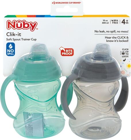 كوب تدريب Nuby No-Spill Grip N' Sip بسعة 10 أونصة مع فوهة سيليكون مرنة ناعمة، مقبضين مع ميزة قفل Clik-It، عبوتان، 4+M، ألوان محايدة in Saudi Arabia