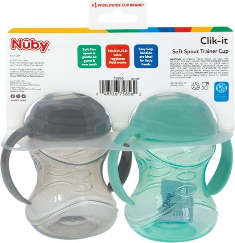 كوب تدريب Nuby No-Spill Grip N' Sip بسعة 10 أونصة مع فوهة سيليكون مرنة ناعمة، مقبضين مع ميزة قفل Clik-It، عبوتان، 4+M، ألوان محايدة in Saudi Arabia