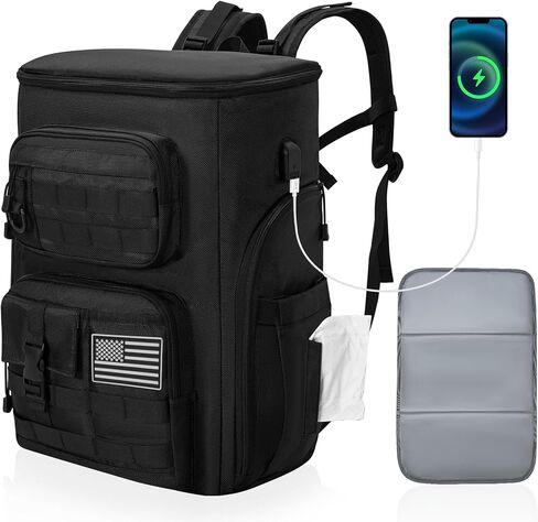 حقيبة حفاضات للأب، حقيبة ظهر للحفاضات العسكرية، حقيبة كبيرة لحفاضات الأطفال للرجال مع حصيرة تغيير الحفاضات وأشرطة بمنفذ شحن USB لعربة الأطفال وجيب معزول in Kuwait