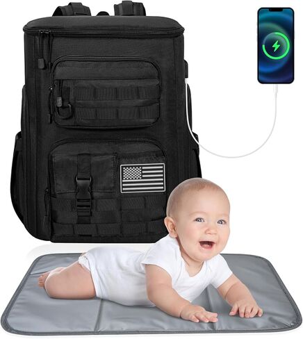 حقيبة حفاضات للأب، حقيبة ظهر للحفاضات العسكرية، حقيبة كبيرة لحفاضات الأطفال للرجال مع حصيرة تغيير الحفاضات وأشرطة بمنفذ شحن USB لعربة الأطفال وجيب معزول in Kuwait