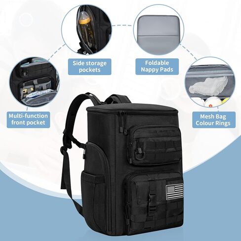 حقيبة حفاضات للأب، حقيبة ظهر للحفاضات العسكرية، حقيبة كبيرة لحفاضات الأطفال للرجال مع حصيرة تغيير الحفاضات وأشرطة بمنفذ شحن USB لعربة الأطفال وجيب معزول in Kuwait