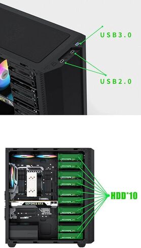 BD-1 Airflow ATX Mid-Tower Case, Multi-HDD Drive Server Case, Support ATX/ITX/M-ATX Motherboard, 3 SSD Positon, with 10 HDD Brackets-Black with 120mm*2 RGB Fans in Saudi Arabia