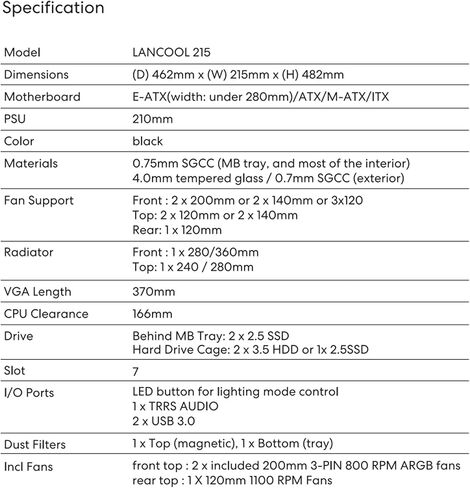 حافظة كمبيوتر LIAN LI LANCOOL 215 E-ATX، حافظة كمبيوتر ألعاب RGB تتميز بتدفق هواء عالي مع مراوح ARGB 2x200 مم ومروحة 1x120 مم مثبتة مسبقًا ولوحة أمامية شبكية، هيكل برج متوسط ​​من الزجاج المقسى (أسود) in Kuwait