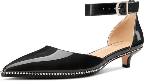 Womens Low Kitten Heel Pointed Toe Pumps Ankle Strap Two-Piece Buckle Silver Beaded Prom Dress Patent Leather 1.2 Inches Heels in Saudi Arabia