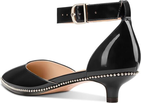 Womens Low Kitten Heel Pointed Toe Pumps Ankle Strap Two-Piece Buckle Silver Beaded Prom Dress Patent Leather 1.2 Inches Heels in Saudi Arabia