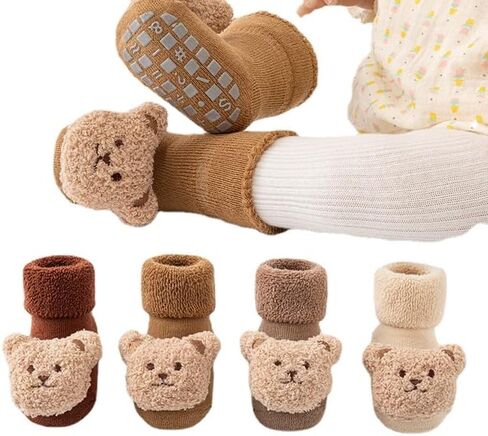 4 Pieces Baby Socks Newborn Slippers Cute Bear Socks Cotton Socks Soft Winter Newborn Slippers in Kuwait