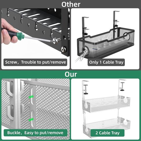 Multi-Model Under Desk Cable Management 2 Pack Metal Under Desk Wire Management Tray Clamp Mount Under Table Cord Management No Damage The Desk（White） in Kuwait