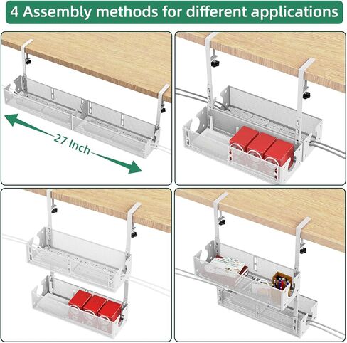 Multi-Model Under Desk Cable Management 2 Pack Metal Under Desk Wire Management Tray Clamp Mount Under Table Cord Management No Damage The Desk（White） in Kuwait