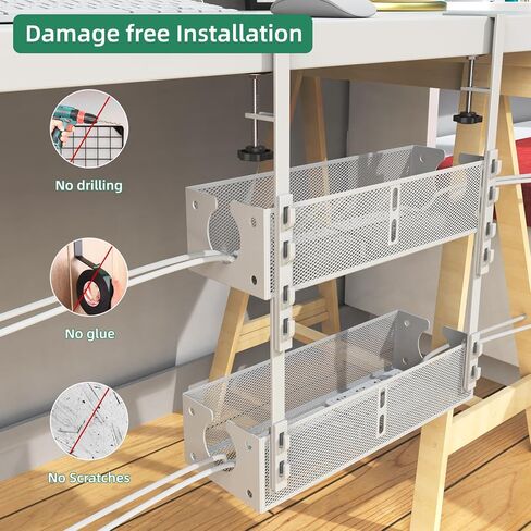 Multi-Model Under Desk Cable Management 2 Pack Metal Under Desk Wire Management Tray Clamp Mount Under Table Cord Management No Damage The Desk（White） in Kuwait