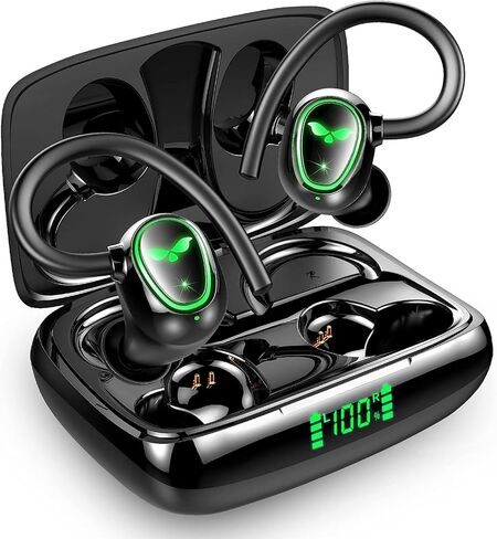 سماعات أذن بلوتوث لاسلكية، تشغيل 60 ساعة، سماعات أذن IPX6 مضادة للماء، سماعات فوق الأذن مع خطاف للأذن، ميكروفون، شاشة LED للبطارية للرياضة/التمرين/صالة الألعاب الرياضية/الجري in Kuwait