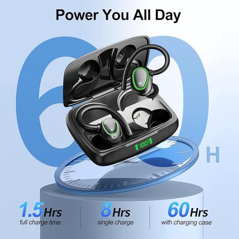 سماعات أذن بلوتوث لاسلكية، تشغيل 60 ساعة، سماعات أذن IPX6 مضادة للماء، سماعات فوق الأذن مع خطاف للأذن، ميكروفون، شاشة LED للبطارية للرياضة/التمرين/صالة الألعاب الرياضية/الجري in Kuwait