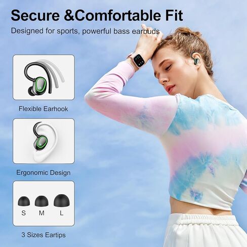 سماعات أذن بلوتوث لاسلكية، تشغيل 60 ساعة، سماعات أذن IPX6 مضادة للماء، سماعات فوق الأذن مع خطاف للأذن، ميكروفون، شاشة LED للبطارية للرياضة/التمرين/صالة الألعاب الرياضية/الجري in Kuwait