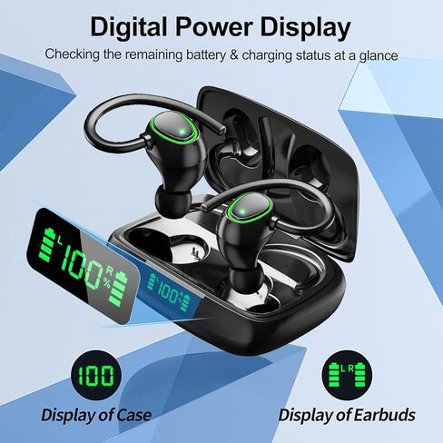 سماعات أذن بلوتوث لاسلكية، تشغيل 60 ساعة، سماعات أذن IPX6 مضادة للماء، سماعات فوق الأذن مع خطاف للأذن، ميكروفون، شاشة LED للبطارية للرياضة/التمرين/صالة الألعاب الرياضية/الجري in Kuwait