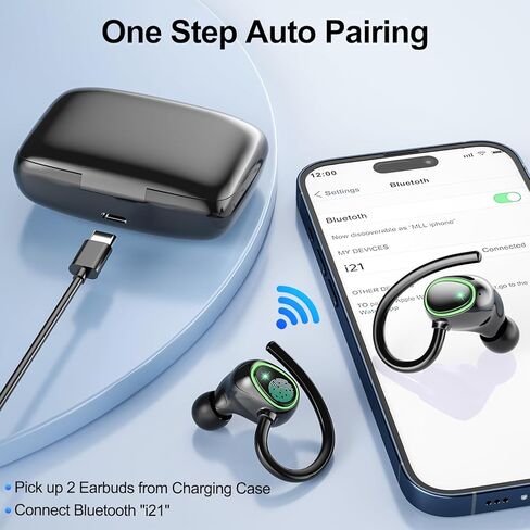 سماعات أذن بلوتوث لاسلكية، تشغيل 60 ساعة، سماعات أذن IPX6 مضادة للماء، سماعات فوق الأذن مع خطاف للأذن، ميكروفون، شاشة LED للبطارية للرياضة/التمرين/صالة الألعاب الرياضية/الجري in Kuwait