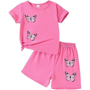 Kid Toddler Girl Butterfly Printed Short Sleeve T-Shirt + Waist Shorts Set 2PC Clothing For Summer