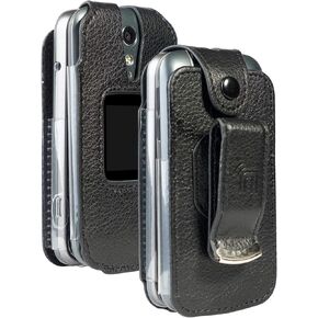 Case for Jitterbug Flip2, Nakedcellphone [Black Vegan Leather] Form-Fit Cover with [Built-in Screen Protection] and [Metal Belt Clip] for Jitterbug Flip 2 Phone (aka Lively Flip) (4053SJ7)