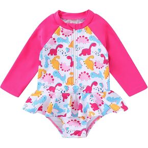 YOUNGER TREE Baby Swimsuit Girl Long Sleeve Ruffle Zipper Rash Guard Infant One Piece Swimwear Toddler Bathing Suit Girl(Pink long sleeve + dinosaur,3-6 Months)