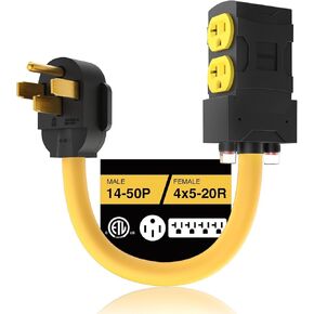 [240V to 120V] 50 Amp to 20 Amp 110 Adapter with Circuit Breaker RV Generator Adapter Cord Distribution NEMA 14-50 Adapter to 4X 5-15R/5-20R T-Blade Multiple Use ETL Listed 1.5 FT Household Outlet