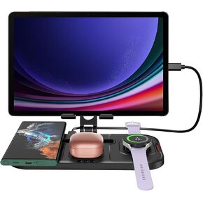 Wireless Charger for Samsung, 4 in 1 Charging Station for Samsung Galaxy S24 Ultra/S23 Ultra, Galaxy Tablet, Galaxy Watch 7, Buds, Foldable Aluminum Tablet Stand Holder for Samsung Galaxy Tab