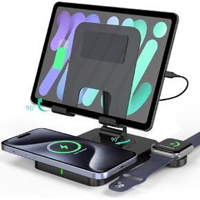 Wireless Charging Station for Multiple Devices Apple, Magsafe Charger for iPhone 15 Pro Max/14/13/12, Foldable Watch Charger for Apple Watch 9, Rotating iPad Charging Station with 45W Adapter
