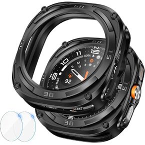 Goton Rugged Bezel Case for Samsung Galaxy Watch Ultra Screen Protector 47mm - Soft TPU Bumper Face Cover + 2 Tempered Glass Film for Galaxy Watch 7 Ultra 47mm Accessories