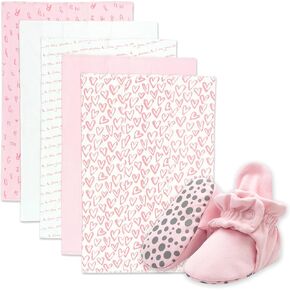 Zutano Newborn Girl Gift Set | 5 Pack Organic Burp Cloths and Oragnic Baby Booties, Bundle, Baby Pink & Hearts, 6M
