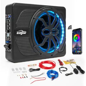 10" 800w Slim Under Seat Subwoofer with Built-in Amp Combo, New Upgrade with Colorful LED Ambient Lights, Powered Compact Audio Sub for Car, Truck