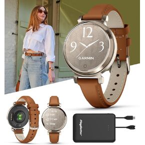حزمة ساعة اللياقة البدنية النسائية PlayBetter Garmin Lily 2 Classic (ذهبي كريمي/جلد أسمر ضارب للصفرة) - ساعة للسيدات مع شاشة مخفية، بطارية تدوم 5 أيام ودفع Garmin - تتضمن شاحن محمول in Kuwait