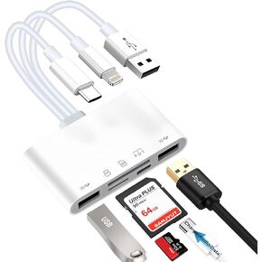 5-in-1 Memory Card Reader Universal Card Reader for iPhone/iPad with USB/Lightning/USB C Connector & SD/TF Card Slots USB OTG Adapters Supports SD/Micro SD/SDHC/SDXC/MMC Memory Cards Plug and Play