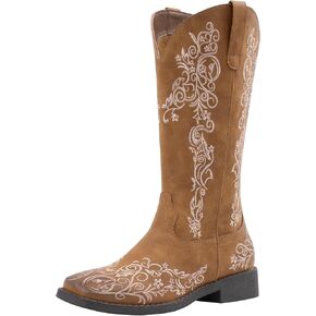 SheSole Women's Square Toe Cowboy Boots Floral Embroidered Cowgirl Western Boots Mid Calf