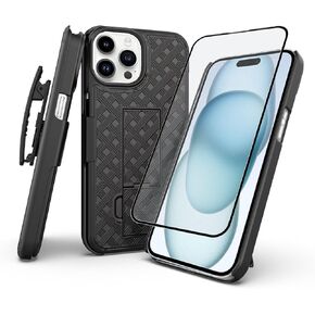 Ailiber Compatible for iPhone 15 Pro Case, iPhone 15 Pro Holster Case with Screen Protector, Swivel Belt Clip Kickstand Holder, Slim Shockproof Shell Full Body Phone Cover for iPhone 15 Pro 6.1"-Black