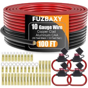 10 Gauge Wire (50Ft Black+50Ft Red) Copper Clad Aluminum CCA with Fork Spade Butt Splices Wire Terminals,Heat Shrink Tubing,40AMP Fuses Set for Automotive Outdoor Marine RV