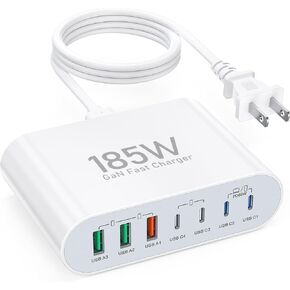 185W USB C Wall Charger,7 Port Compact PD GaN Fast Charging Station Block Hub Laptop Charger Brick Power Adapter for MacBook Pro/Air iPad Pro iPhone 15/14 Galaxy S23 Note 20 Pixel LG Steam Deck