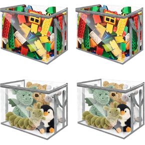 Rainmae 4pcs Large Nursery Transparent Basket Storage bags Organizer For Toys, Stuffed Animals, Blocks, Clays Baskets Bins Chest, PVC Transparent Toy Bags Storage Bins with Lid & Handles