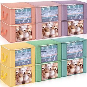 12 حزمة 60 لتر ملونة قابلة للطي حقيبة تخزين الملابس بطانية صناديق تخزين خزانة منظم 3 طبقات من حاويات التخزين غير المنسوجة مع مقبض نافذة واضحة غطاء سحاب للفراش المنزل in Kuwait