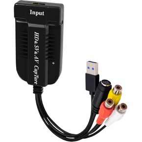 USB Video Capture Card HDMI/AV/RCA/S-Video to USB2.0 Audio Video Capture Device 1080P30fsp Hi8, VCR, VHS to Digital Converter for Camcorder DVD PS4 Live Streaming Compatible with Mac Windows