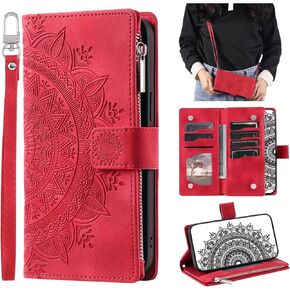 Crossbody Wallet Case for iPhone 14 Plus, Leather Case with Lanyard Strap Wristlet Zipper Card Holder, Flip Phone case Cover for iPhone 14 Plus (Red)