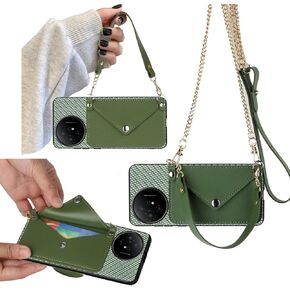 for TCL 50 XL 5G Phone Case, Wallet Back Case for TCL 50XL 5G Card Holder, Corner Protective Crossbody Purse Detachable Gold Chain Hands Free | Faux Learher Wrist Strap Lanyard -Green