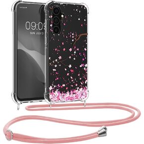 kwmobile Crossbody Case Compatible with Samsung Galaxy A35 Case Strap - Cherry Blossoms Pink/Dark Brown/Transparent